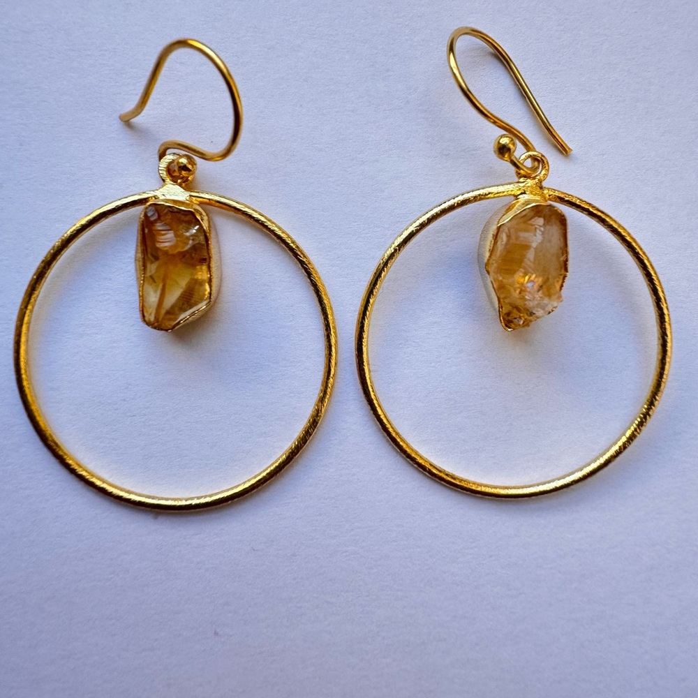 Gold Hoop Brass Earrings with Citrine Stone